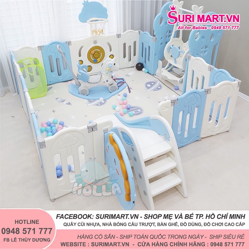 Quây Khủng Long + Xích đu + Cầu trượt Holla - quây cũi nhựa cho bé