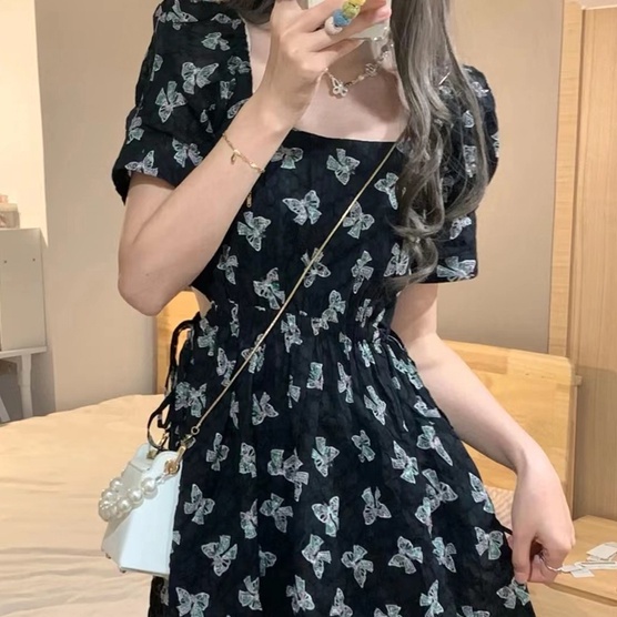 ZHELIHANGFEI Váy hoa nơ ngắn tay eo thon gọn váy dài