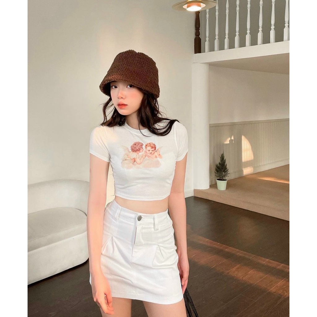 áo croptop thun lụa tay ngắn in 3d thiên thần xinh na