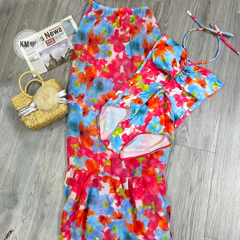 [BIKINI LOẠI ĐẸP] Bikini liền mảnh đi biển kèm chân váy maxi hoạ tiết hoa hồng vintage cực trendy 2022