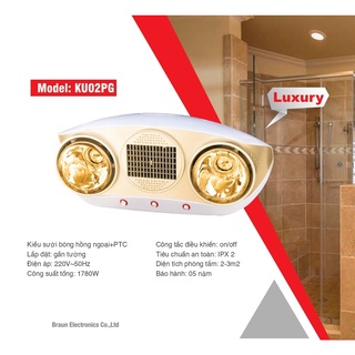 Đèn sưởi nhà tắm Kohn Luxury KU02PG- 2 bóng vàng chống chói kèm quạt thổi PTC- Hàng chính hãng bả hành 5 năm