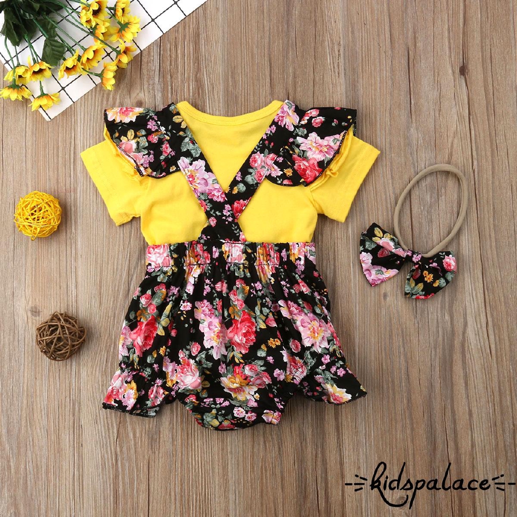 Set áo thun ngắn tay + váy yếm họa tiết hoa xinh xắn cho bé gái