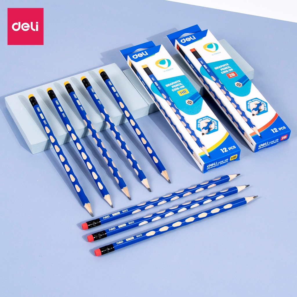 Hộp 12 Cây Bút chì định vị lục giác Graphite Pencil 2B/HB Deli - Thân gỗ mềm, Dễ gọt, Kèm đầu tẩy tiện dụng