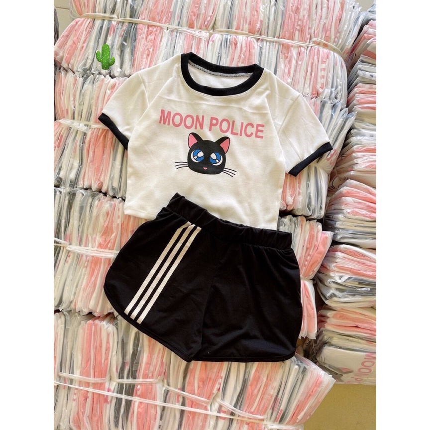 Sét bộ áo croptop viền màu in hình mèo moon phối quần đùi 3 sọc cực hot , chất thun bozip mềm mịn