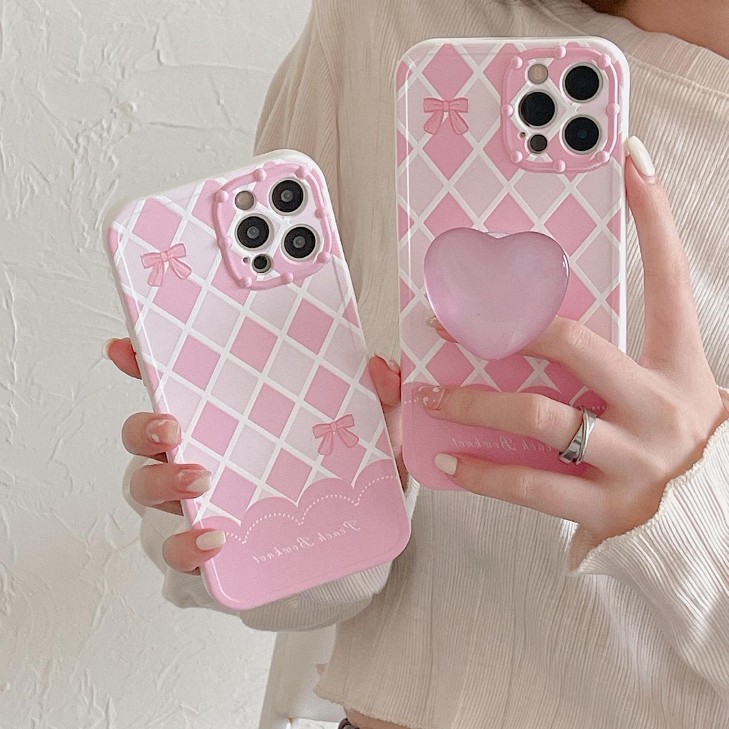 Ốp Điện Thoại Tpu Dẻo Màu Hồng Họa Tiết Trái Tim Kèm Giá Đỡ Cho iPhone 11 12 13Pro Max XS Max X XR 7 8Plus