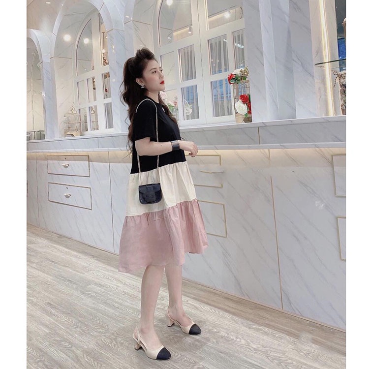 Đầm đuôi cá 3 tầng đen be phối màu Váy ngắn tay cổ tròn form rộng