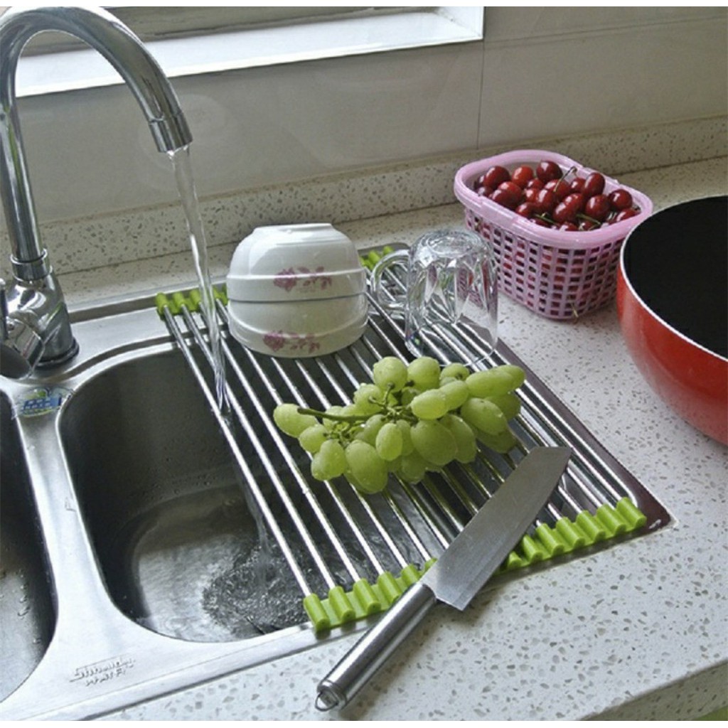 Vỉ để ráo nước cho bồn rửa chén bằng thép có thể cuộn lại được