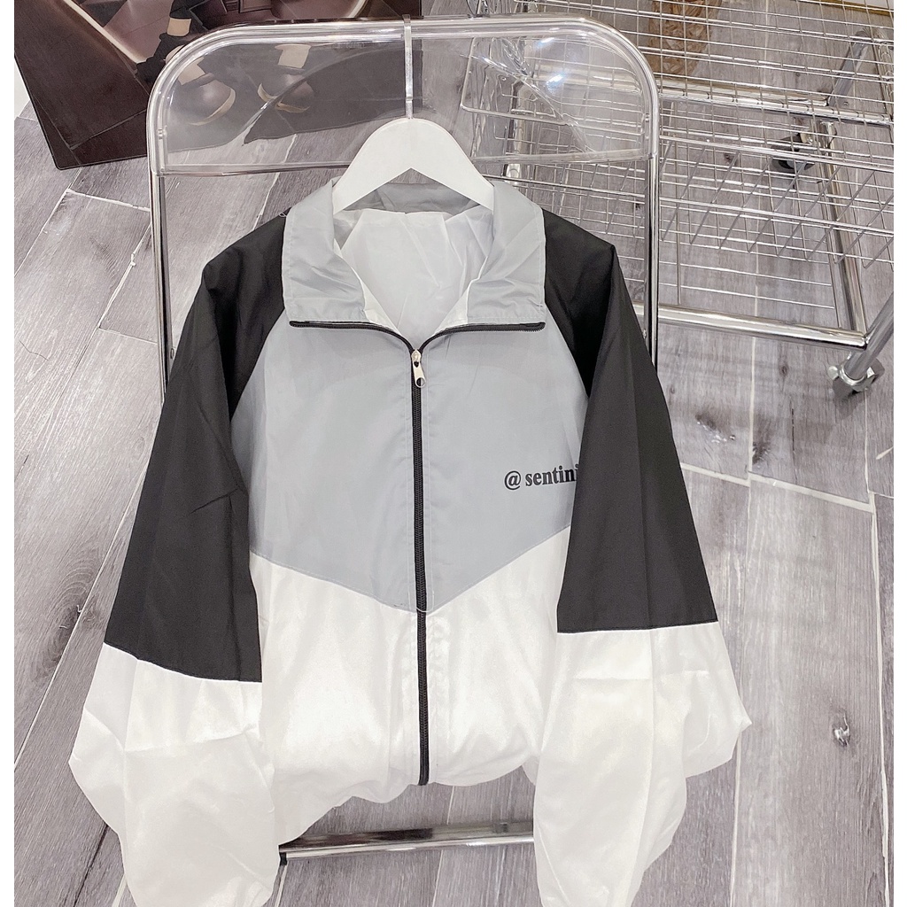Áo Khoác Gió 2 Lớp Nam Nữ Chữ Senti Phối Thân Cổ Bẻ Dài Chun Tay Unisex Basic