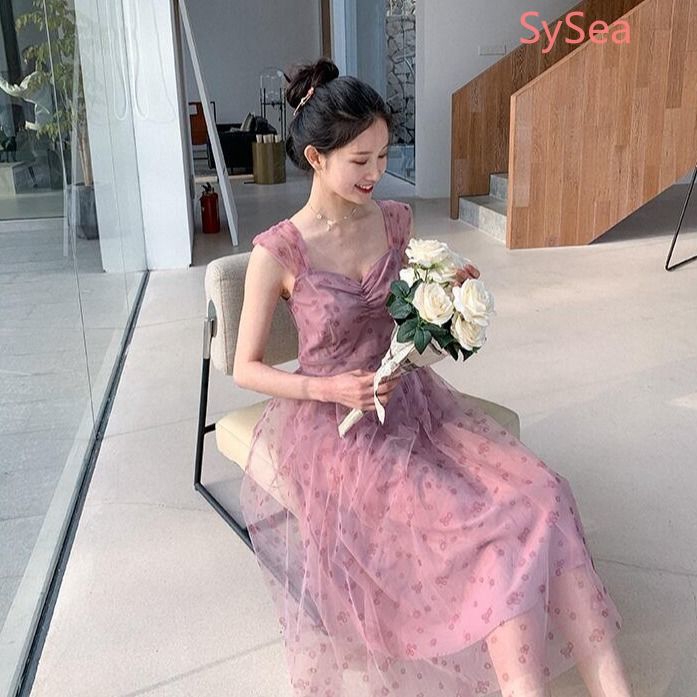 Women Pink Floral Mesh Dress Summer Short-sleeved A-line Dress