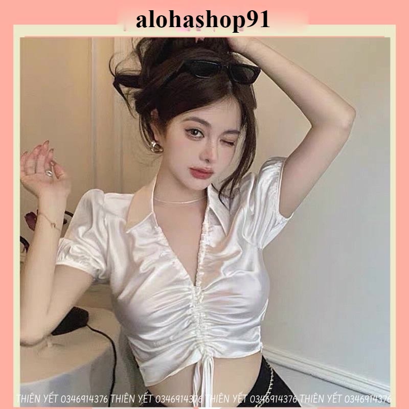 Áo PHI LỤA RÚT cổ sơ mi V gb croptop alohashop91