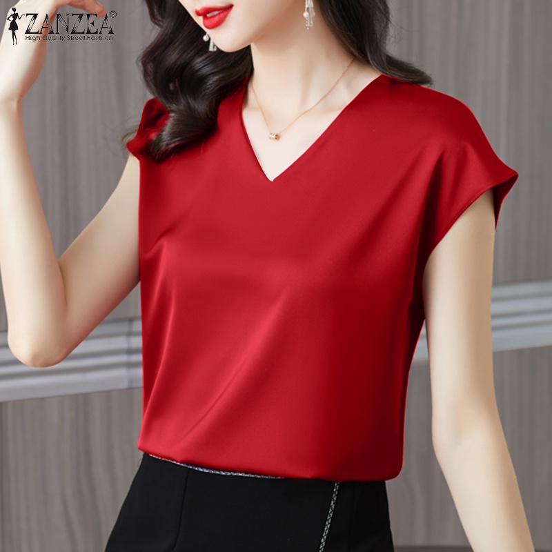 Áo satin Zanzea ngắn tay cổ chữ V thời trang dành cho nữ