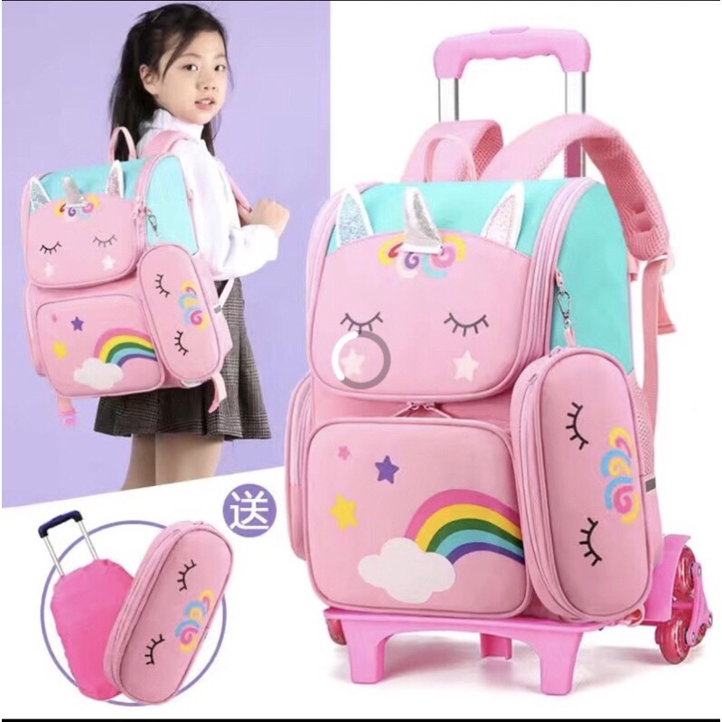 Balo chống gù có bánh xe kéo cho bé gái