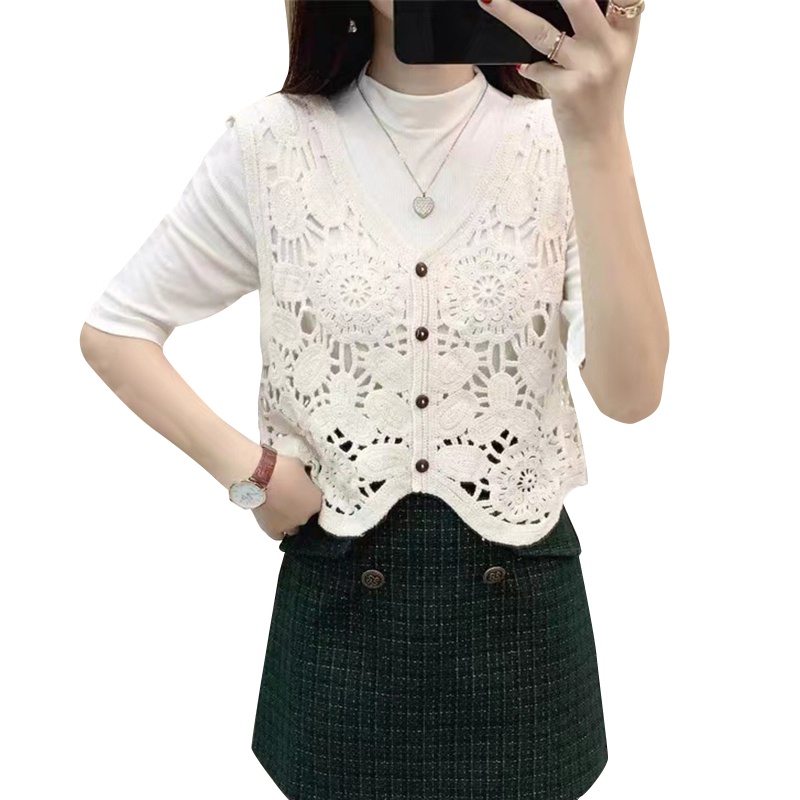 Áo Cardigan Dệt Kim Cổ Chữ V Không Tay Họa Tiết Hoa Phong Cách Pháp Cho Nữ