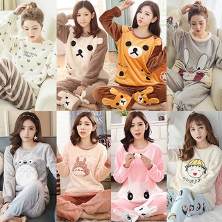 Bộ Đồ Ngủ Vải Flannel Dày Kiểu Hàn Quốc Thời Trang Mùa Đông Cho Nữ