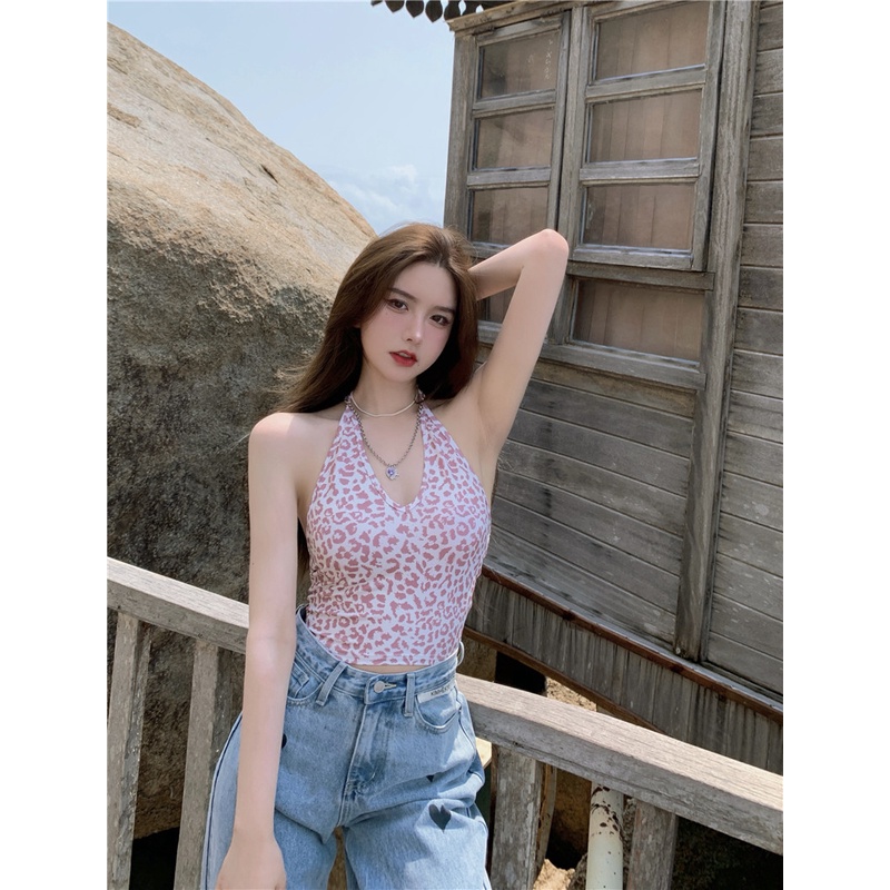 Áo croptop phối dây choàng cổ họa tiết da báo quyến rũ cho nữ