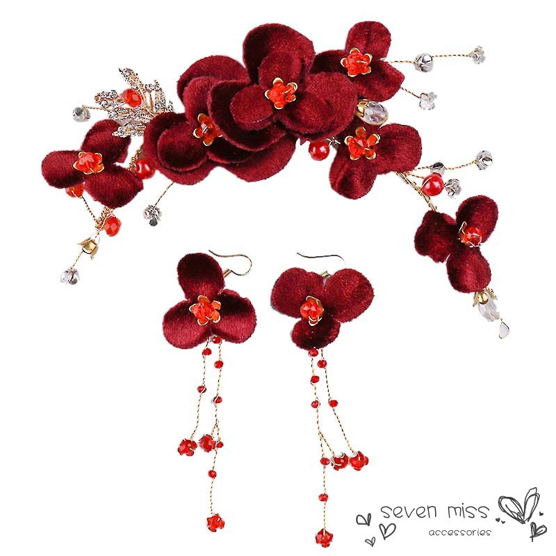 Set cài tóc + cặp bông tai trang trí hoa hồng phong cách thanh lịch cho cô dâu