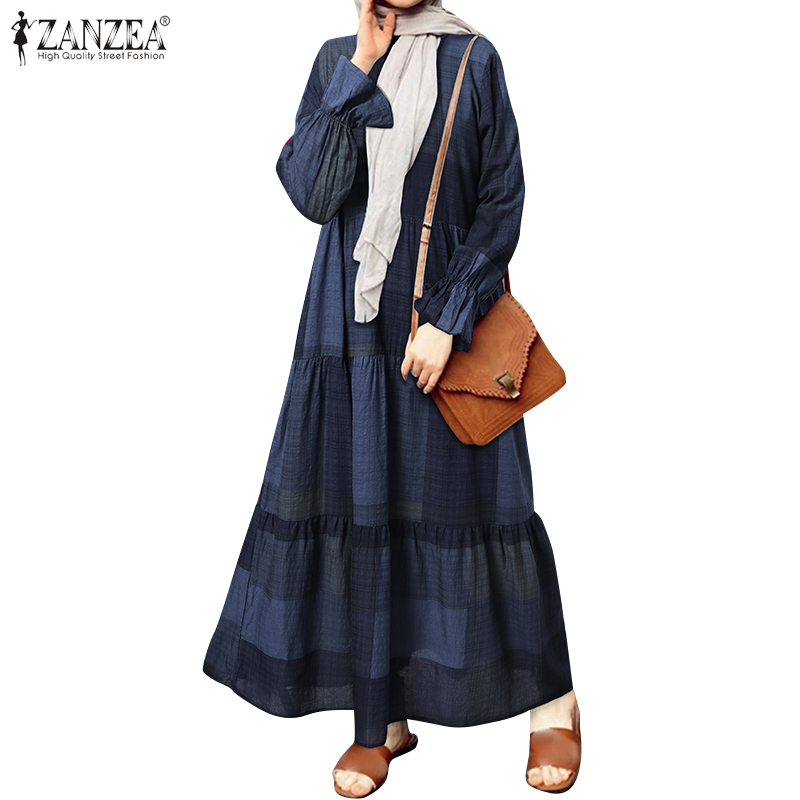 Đầm maxi ZANZEA tay dài họa tiết sọc caro phong cách vintage thời trang cho nữ