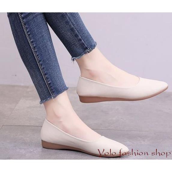 Giày búp bê nữ mũi nhọn da mềm giản dị đế 2cm cực êm chân -Kèm hình thật