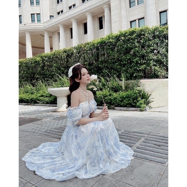 Váy maxi chun eo tơ mềm in họa tiết