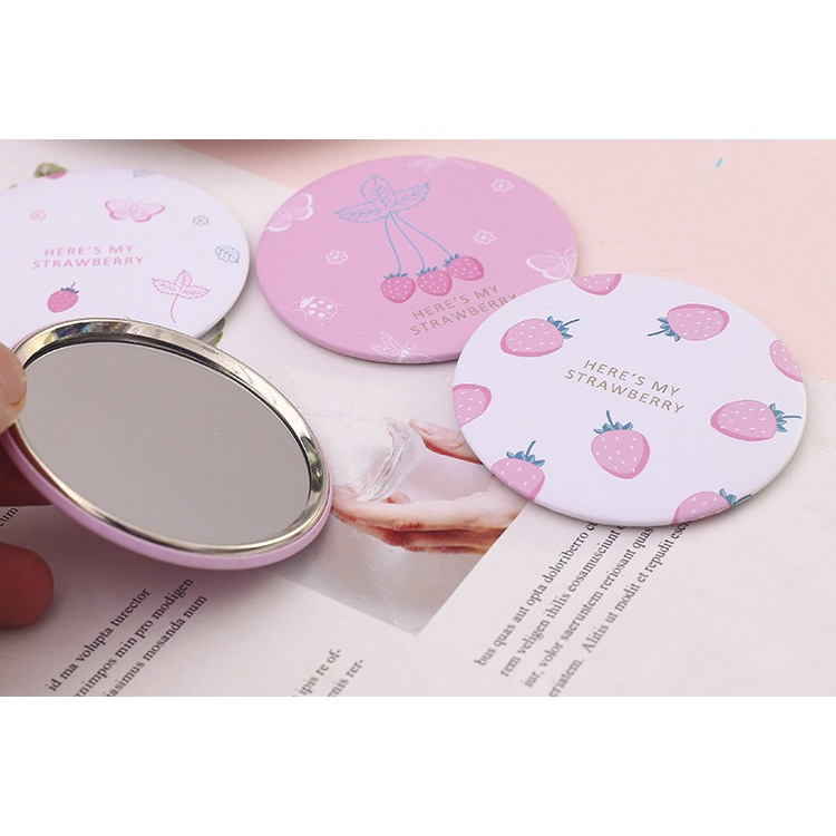 Taeyang369hz Gương Mini Strawberry Dễ Thương Bỏ Túi Kính Teki Trang Điểm Cầm Tay Tròn Hình Trái Dâu