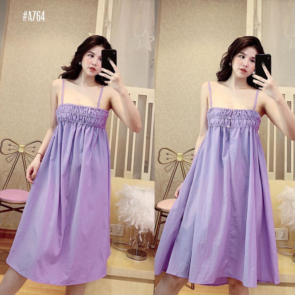 Đầm babydoll 2 dây nhún thun nút ngọc