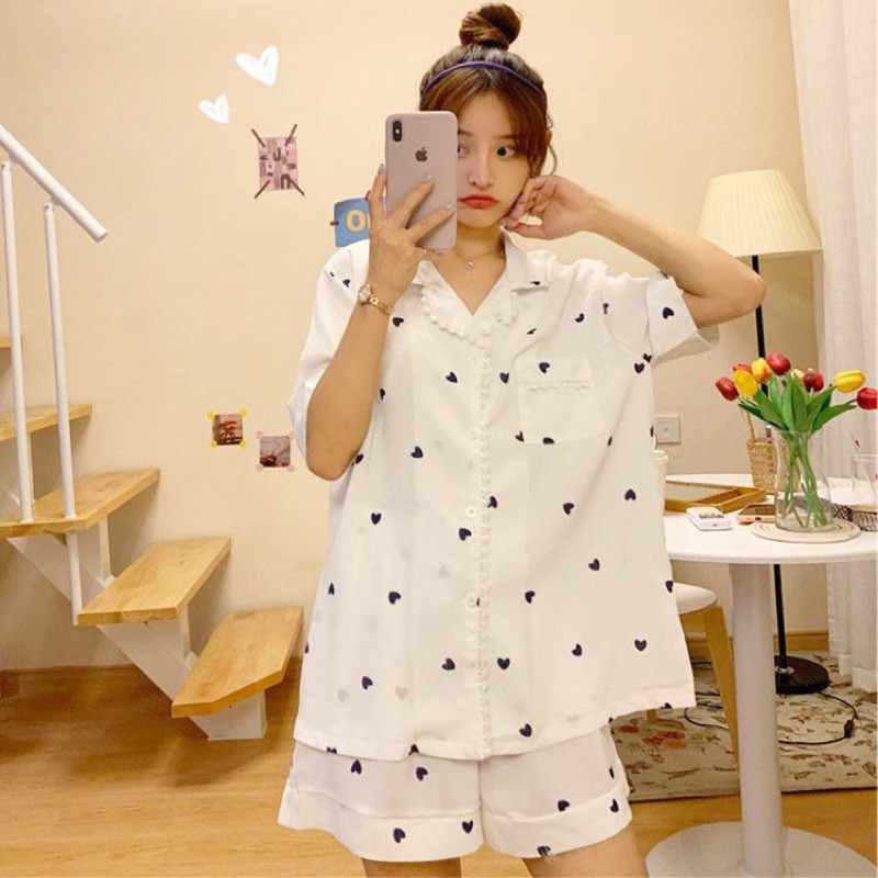 [HÀNG ORDER 3 NGÀY]  🔆  Bộ đồ ngủ Trắng áo sơ mi kèm quần vải Cotton in Hình trái tim xinh xắn hàng Quảng Châu cao cấp