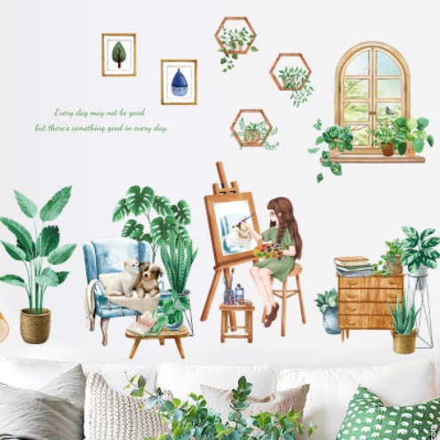 Decal trang trí tường - Cô gái vẽ tranh và 2 bạn cún trên sofa