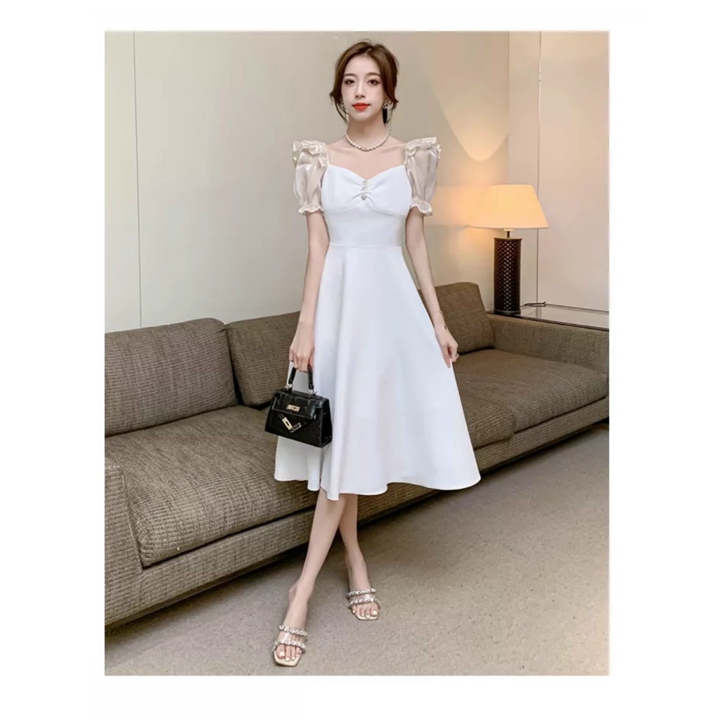 Đầm váy nữ xòe tay nhún bèo phối voan kiếng 3 màu y hình thời trang duyên dáng dịu dàng