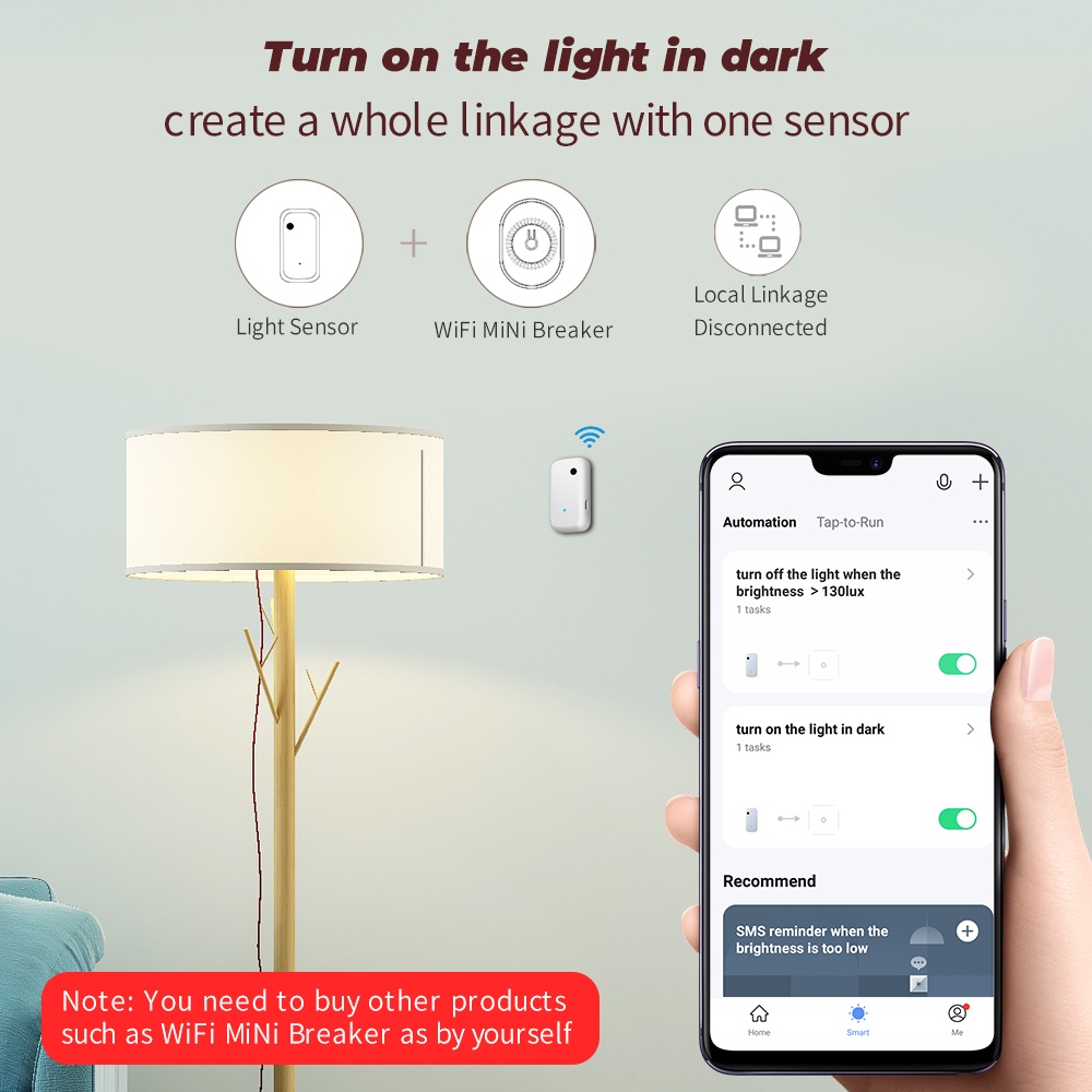 Bộ cảm biến đèn SMATRUL Tuya Wifi dò ánh sáng thông minh hoạt động với công tắc đèn rèm