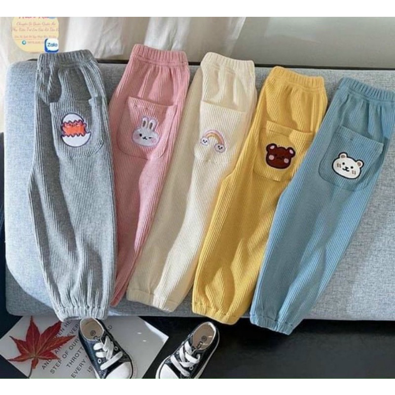 Quần dài cho bé gái, bé trai, quần tăm mềm mại mặc mùa thu thêu đắp hình thú dễ thương
