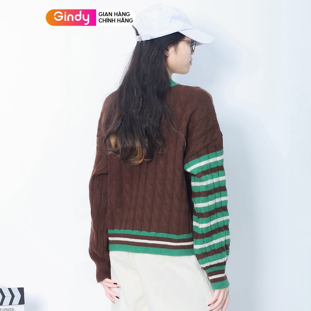 Áo len nữ cổ tròn phối tay kẻ ngang vải dày dặn GINDY thời trang ulzzang hàn quốc thời trang thu đông có 4 màu AMN001