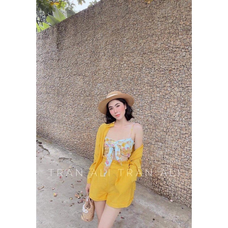 SET 3 MÓN ĐI BIỂN MÀU VÀNG ÁO CUP NGỰC BIKINI ÁO SƠ MI QUẦN ĐŨI SIÊU ĐẸP