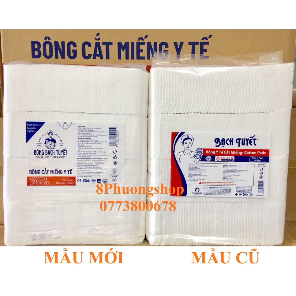 Bông Y Tế Cắt Miếng 7x7 gói 500gr - Hàng chính hãng Bông Bạch Tuyết