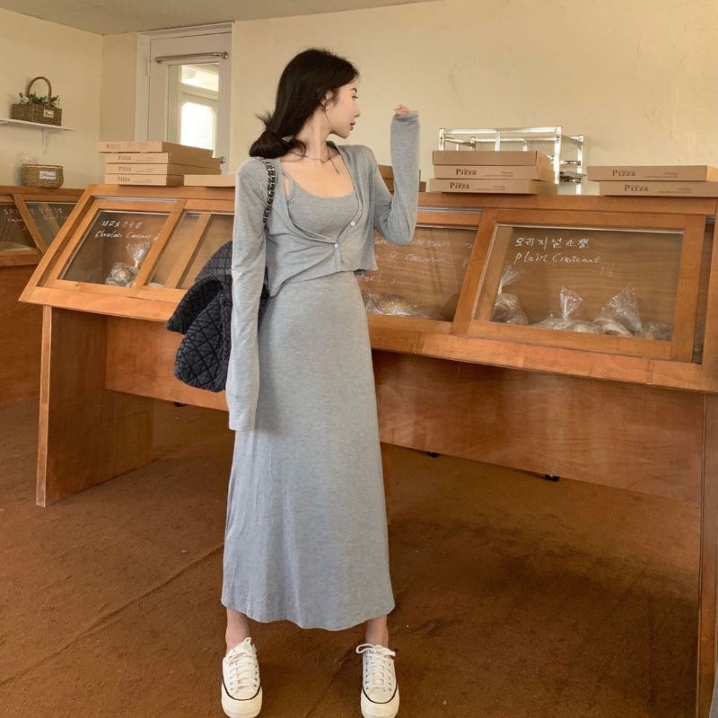 COZOK Set Áo Khoác Không Tay + Áo cardigan + Chân Váy Lưng Cao Xinh Xắn Thời Trang