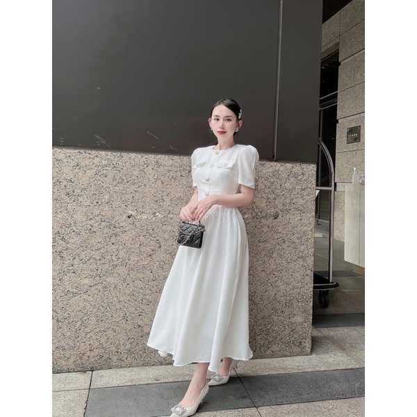 Đầm maxi cổ tròn phối nút