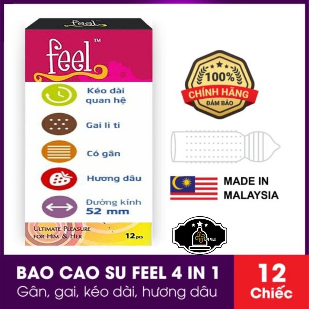 Bao cao su kéo dài thời gian Feel 4 in 1 mùi hương dâu ôm khít có gai gân chống tuột – Life Plus