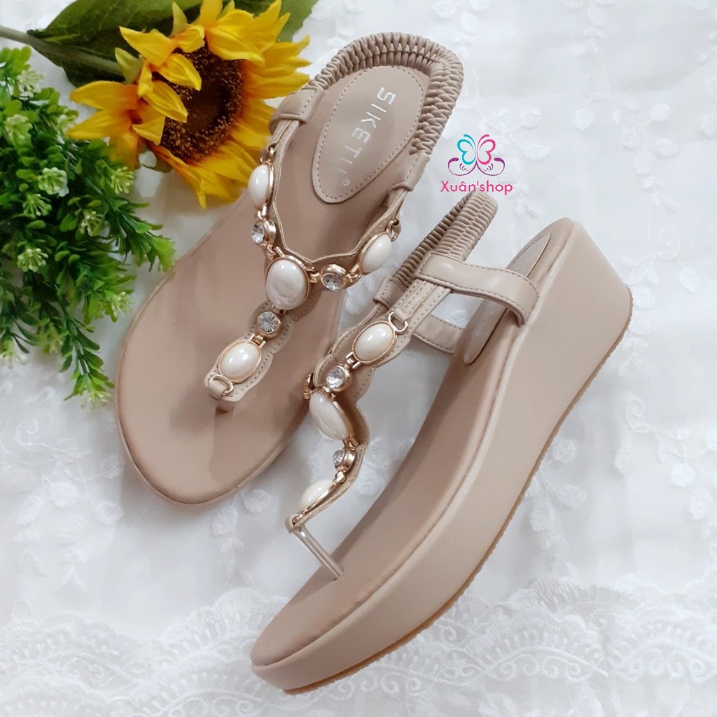 Sandal Siketu đế xuồng 5cm, quai xỏ ngón đính hạt sang trọng