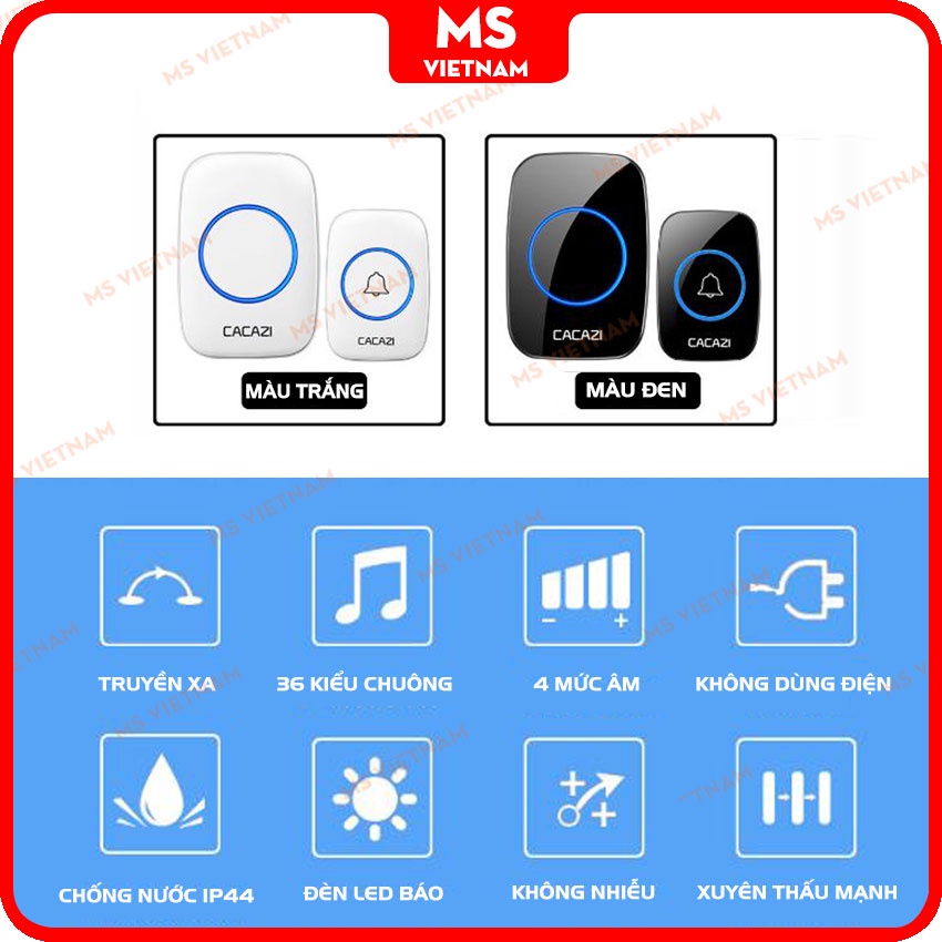 Chuông Không Dây Cacazi A10 - Chính Hãng - BH 1 Đổi 1 - Dùng Pin hoặc Điện 220V, Lắp Đặt Bất Kì Đâu -  MS Vietnam