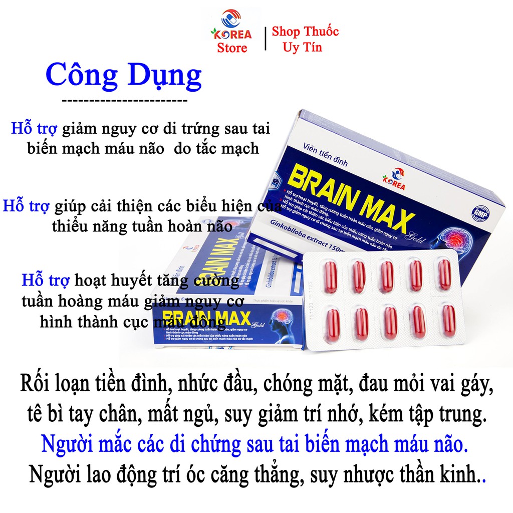 Bổ não BRAIN MAX  gold viên uống bổ não hỗ trợ giảm nguy cơ di chứng sau tai biến do tắc mạch máu não, hộp 30 viên