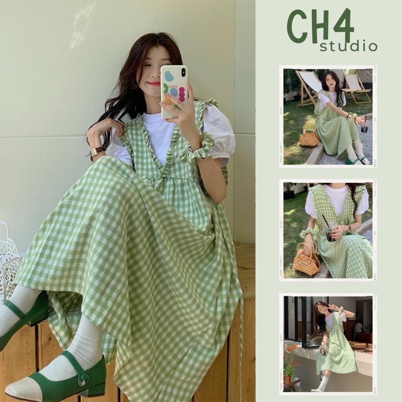 Váy dài nữ, Yếm kẻ caro 💋phong cách ullzang💋 thắt dây vải cotton mềm mát bánh bèo