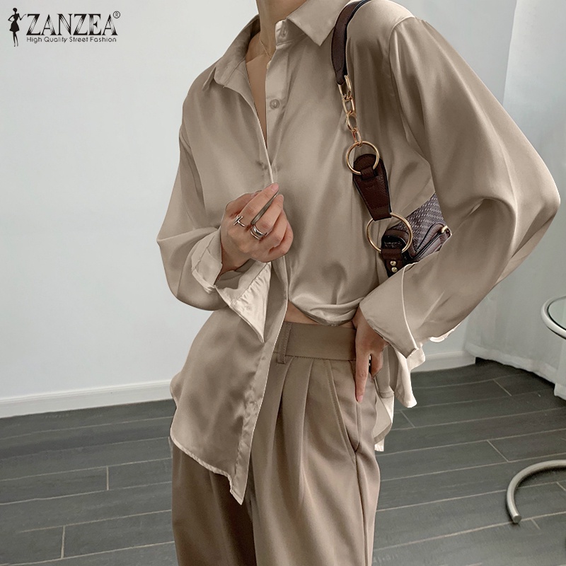 Áo kiểu satin ZANZEA tay dài cổ áo lật xuống có nút gài phía trước cho nữ