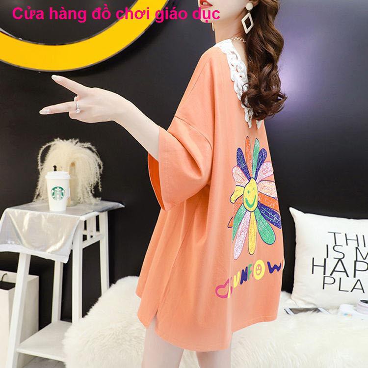 SHOP XINH Quần áo bà bầu mùa xuân và hè thời trang tính khí, ngắn tay khâu ren, cộng với size đầm trung dài