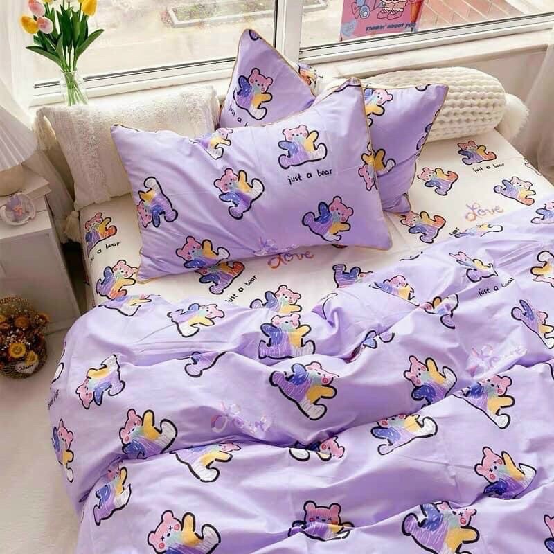 Bộ chăn ga gối Cotton poly gấu tím nhập khẩu hàn quốc (mẫu y hình)