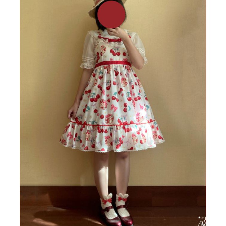Vải print họa tiết cherry may váy lolita váy bèo công chúa ngọt ngào