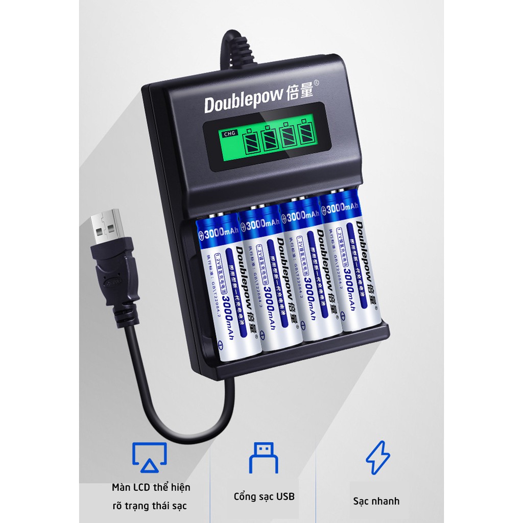 Bộ sạc pin thông minh đa năng Doublepow DP-K93B (sạc pin AA, AAA) - Có đèn led hiển thị trạng thái