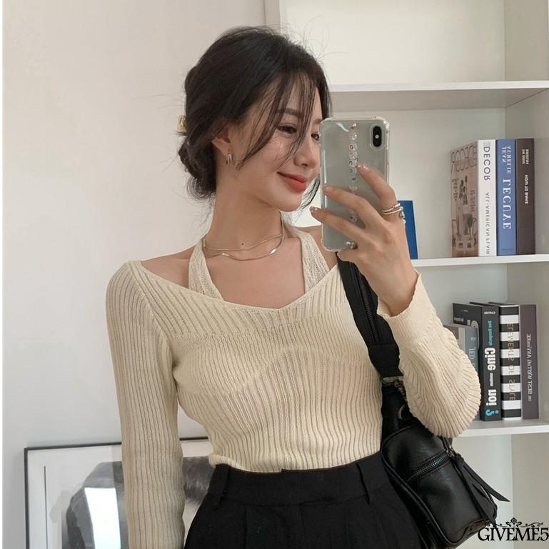 Áo Dệt Kim Tay Dài Cổ Chữ V Màu Trơn Thời Trang Cho Nữ