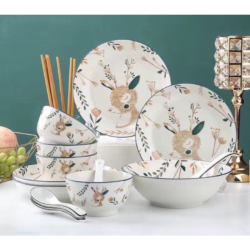 set bát đĩa sứ cao cấp họa tiết hình nai sừng tấm ( 18sp- ảnh thật - hàng sẵn )
