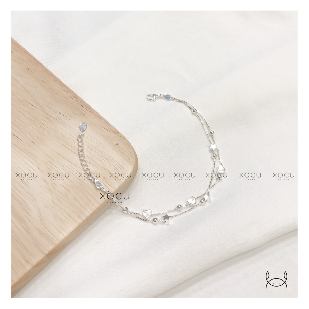 Lắc Chân Bạc, 2 Dây Kép, Hình Tim, Bi Nhỏ, Xocu