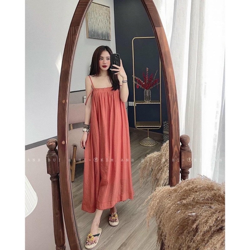 Váy maxi 2 dây chun ngực dáng dài chất thô lụa Đầm đi biển 2s hở vai suông bầu