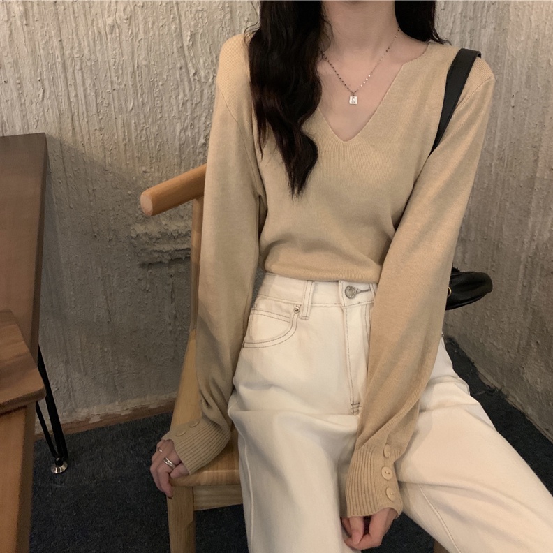 Áo sweater SUXI dệt kim mỏng tay dài cổ chữ v thời trang mùa thu cho nữ